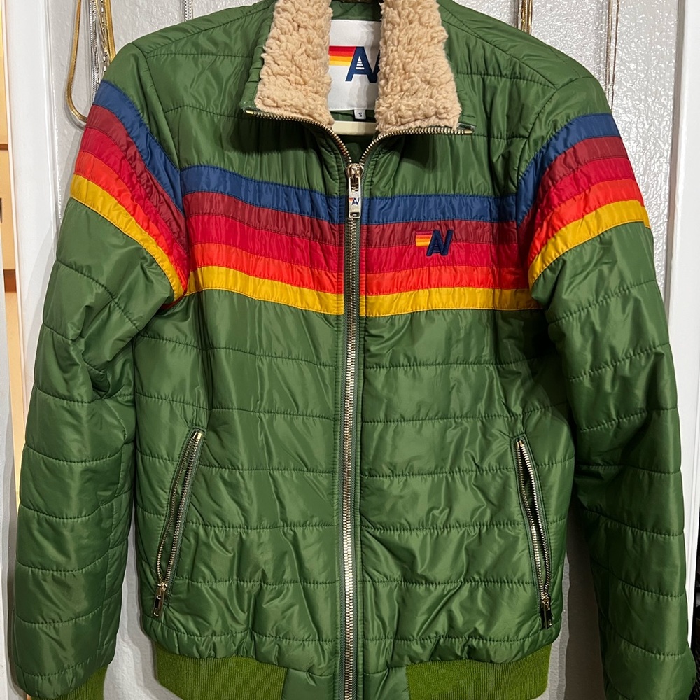 Aviator Nation Stripe Puffer Jacket Green Small